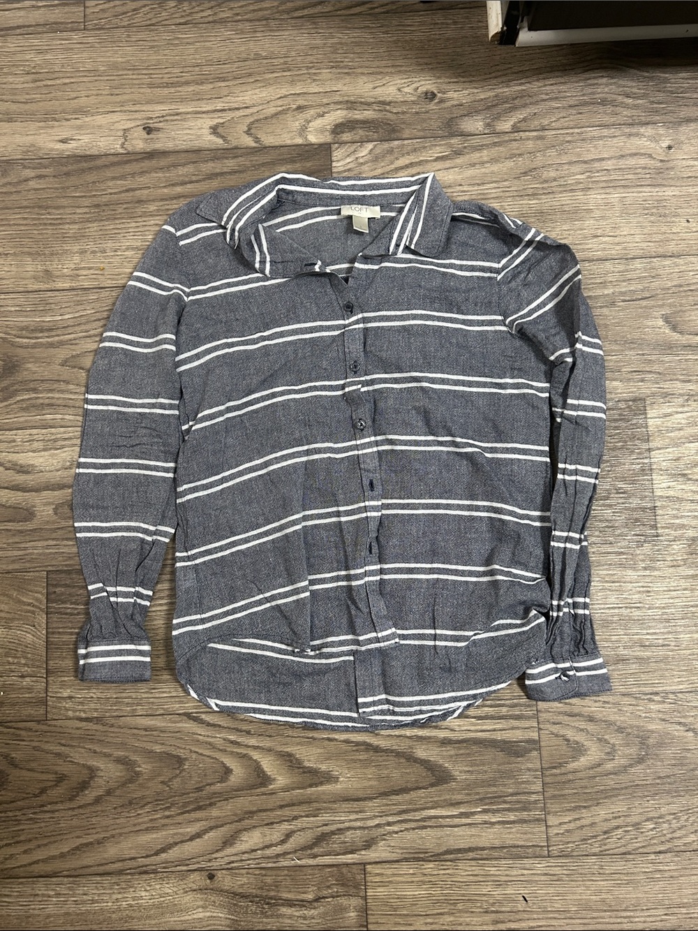 LOFT Gray & White Striped Button-Down Blouse